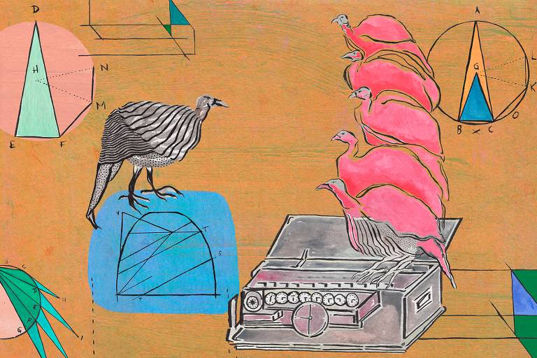 Arte ilustra flamingos sobre uma máquina antiga e envoltos por desenhos geométricos.