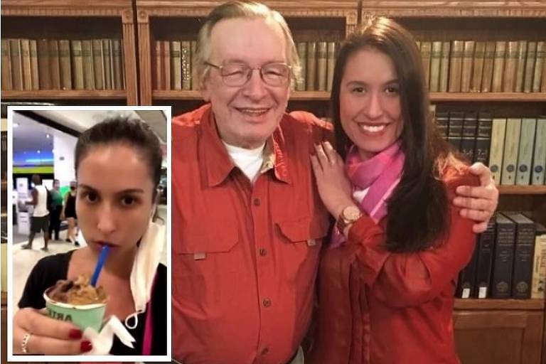 Olavo de Carvalho abraça a juíza Ludmila Grilo; no destaque, à esquerda Grilo, em vídeo, rechaça o uso da máscara  