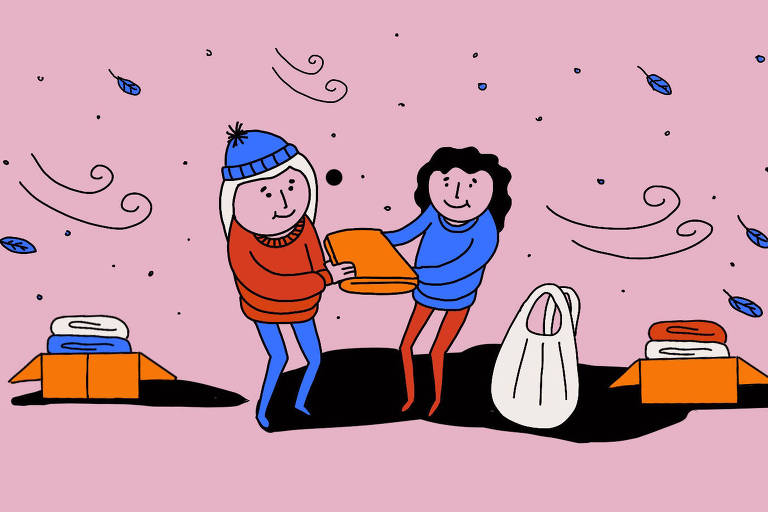 Ilustração em que mulher entrega cobertor a outra mulher dia frio
