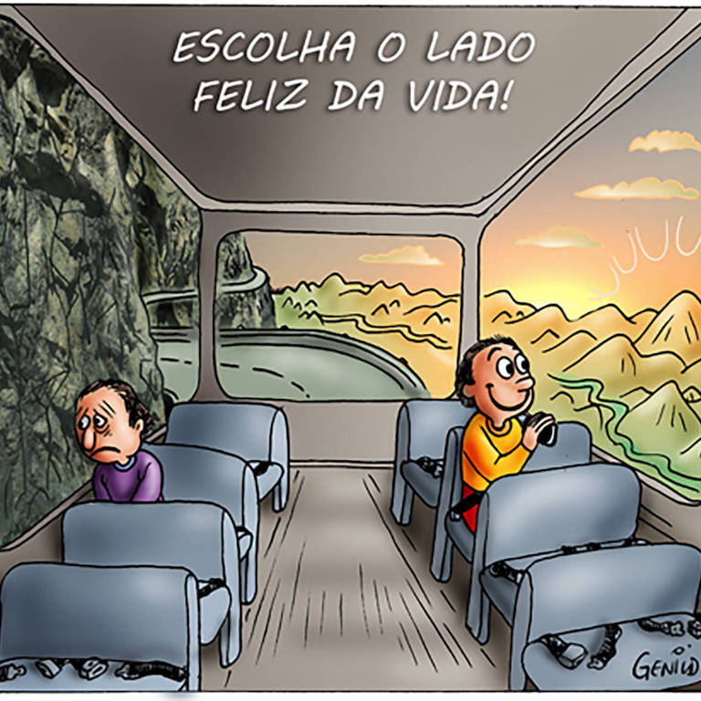 Ilustração mostra duas pessoas sentadas em bancos de um ônibus encarando as vistas de suas janelas. Com desânimo e tristeza, uma delas vê a rigidez cinzenta de uma montanha rochosa, e a outra encara e registra a luz policromática do pôr do sol que ilumina montanhas de cobertura vegetal.