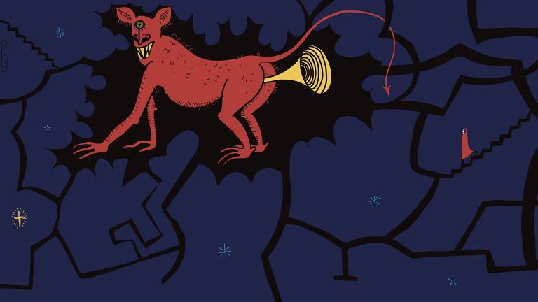 Ilustração representando um animal demoníaco tendo fincada uma trombeta no ânus