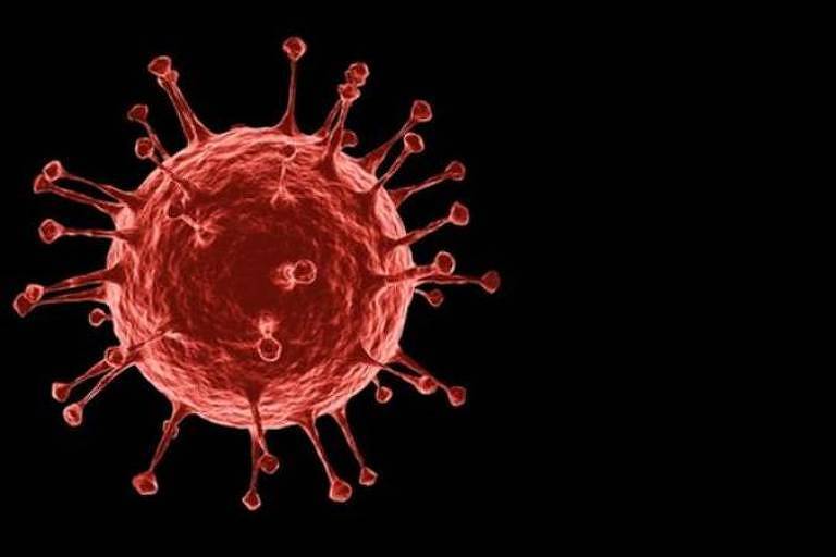 Ilustração do coronavírus. Em um fundo preto, há um objeto circular com vermelho