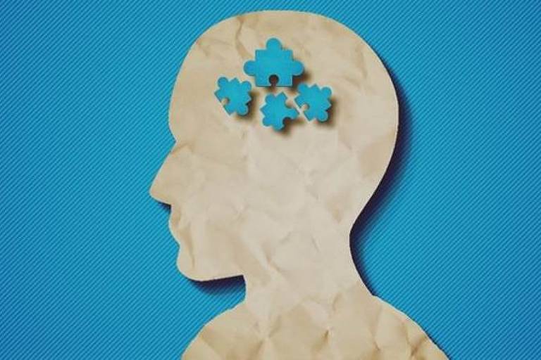 Ilustração em fundo azul mostra o perfil o rosto de uma pessoa. Na área do cérebro, há três pontos azuis