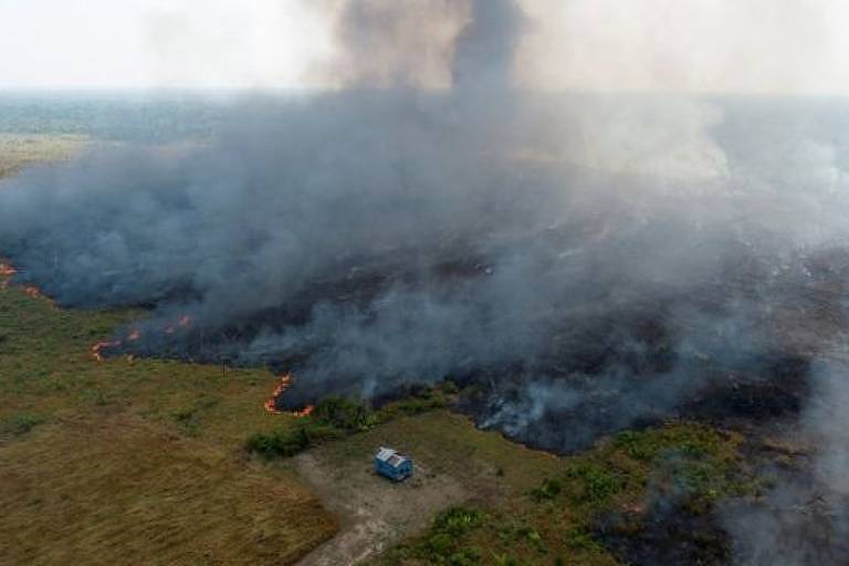 Imagem aérea mostra fumça acinzentada em uma floresta pegando fogo