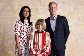 From left; Agnes Chu, the president of Condé Nast entertainment, Anna Wintour, the global chief content officer for Condé Nast and editor of U.S. Vogue, and Roger Lynch, Condé Nasts chief executive, in New York, Oct. 20, 2021. (Dana Scruggs/The New Y