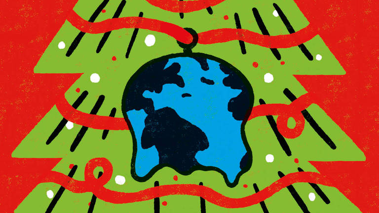 Ilustração representando o globo do planeta terra derretido pendurado como se fosse enfeite de uma árvore de natal