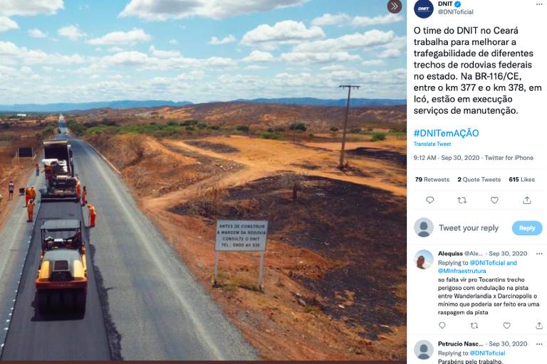 Post viral tem fotos reais de obra do governo federal na BR-116 no Ceará