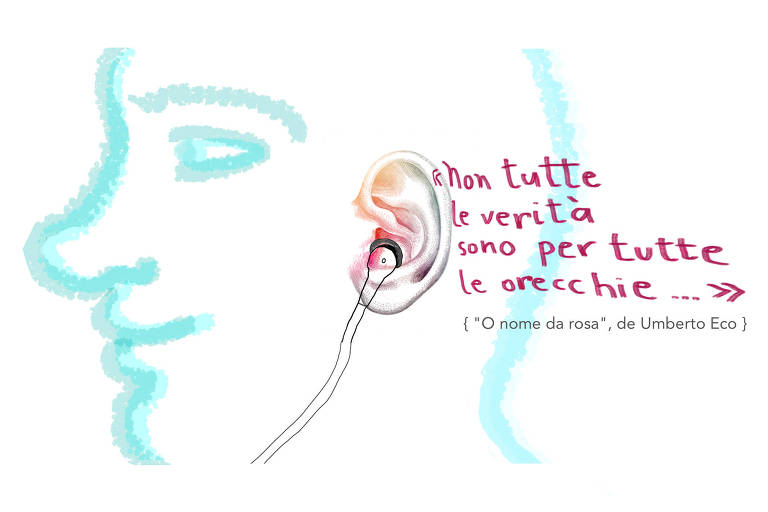 Ilustração representando um rosto de perfil com um fone de ouvido, desenho sobre o qual se inscreve um trecho do livro O Nome da Rosa, em italiano