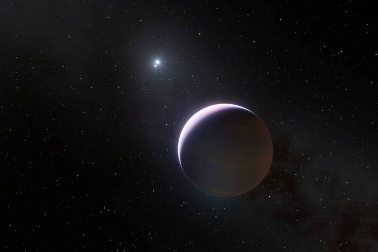 Ilustração de planeta gigante como Júpiter, representando b Centauri (AB)b, com estrela binária ao fundo.