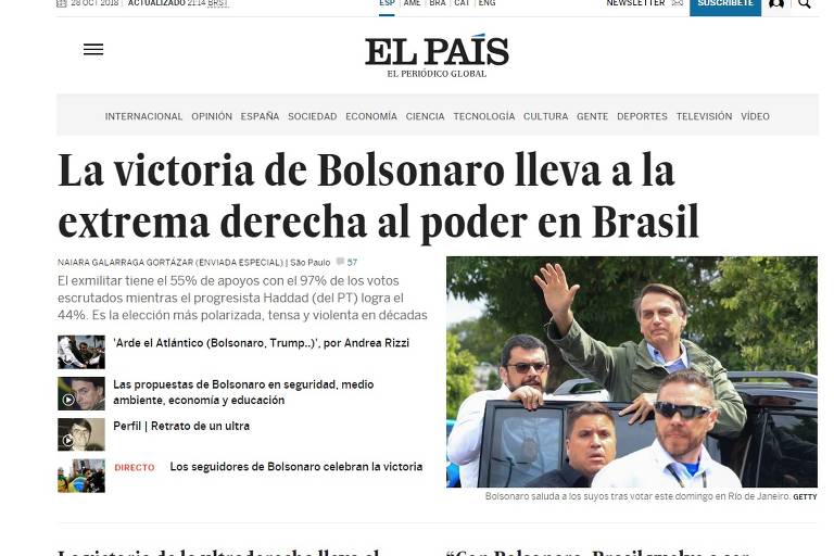 O jornal espanhol El País comenta a eleição de Jair Bolsonaro, em 2018, e diz que sua vitória levou a extrema direita ao poder do Brasil