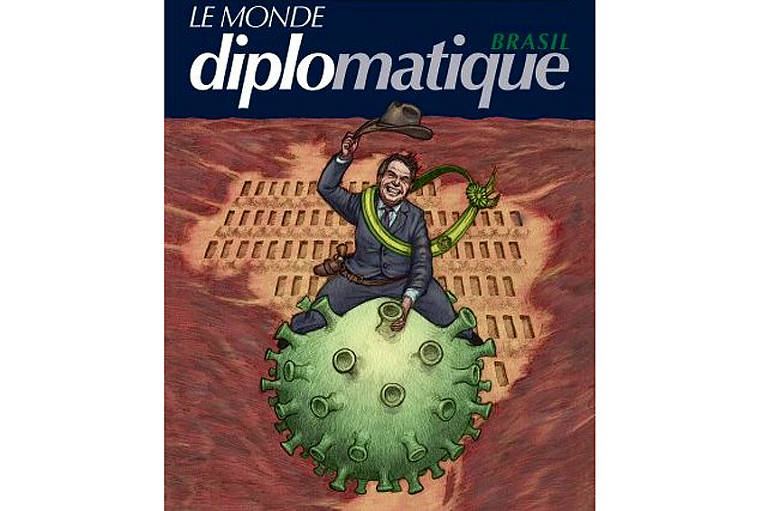 Na capa da edição brasileira de maio de 2020 de Le Monde Diplomatique, Jair Bolsonaro é retratado como o comandante do B52 de 'Dr. Strangelove', sentado sobre o coronavírus como se fosse uma bomba de hidrogênio lançada sobre o Brasil