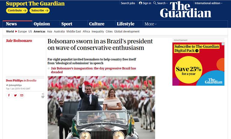 O britânico The Guardian noticia a posse de Jair Bolsonaro como presidente do Brasil e destaca a 'onda de entusiasmo conservador' no país