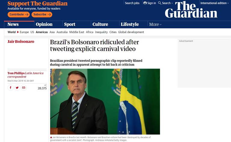 Jornal britânico The Guardian repercute postagem de Bolsonaro no Twitter, em março de 2019, na qual perguntava o que era 'golden shower' (fetiche de urinar na frente de um parceiro ou sobre ele)