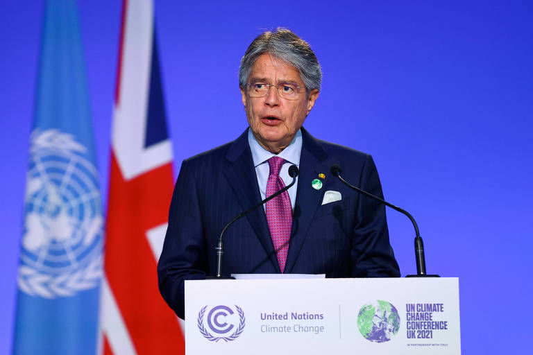 O presidente do Equador, Guillermo Lasso, discursa na Conferência das Nações Unidas sobre Mudança Climática (COP26), em Glasgow, na Escócia