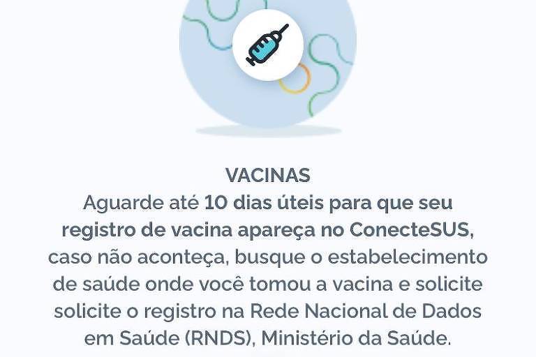 Tela do app Conect SUS está sem dados da vacina