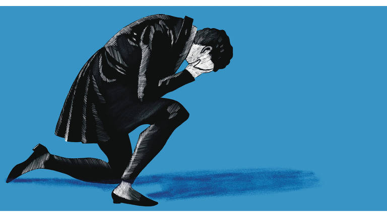 Ilustração de uma pessoa com cabelos curtos, casaco, calça e sapatos pretos. Ela está ajoelhada com um dos joelhos no chão e a outra perna flexionada para frente, os cotovelos se apoiam no joelho flexionado e as mãos escondem seu rosto. O fundo é todo azul.