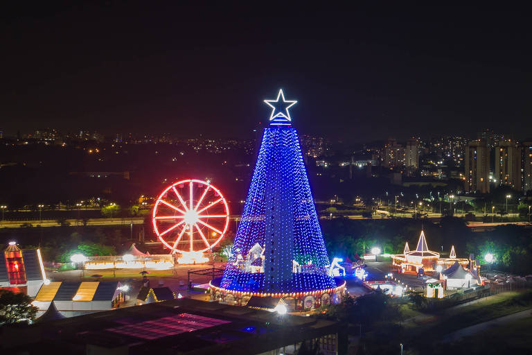 Imagem mostra grande árvore, iluminada de azul, com estrela na ponta; ao lado, roda gigante iluminada em vermelho