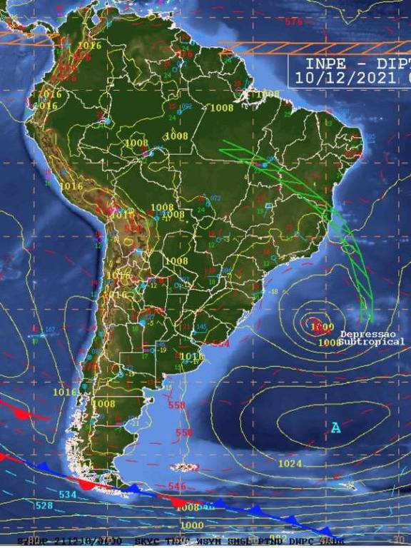 Imagem mostra mapa da América do Sul com explicação sobre chuvas na Bahia