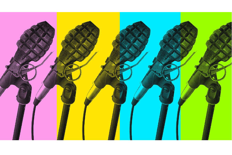 Ilustração mostra vários pedestais de microfones enfileirados. No lugar de cada microfone, há uma granada. O fundo é colorido: 4 listras verticais nas cores, rosa, amarelo, verdeágua e verde limão