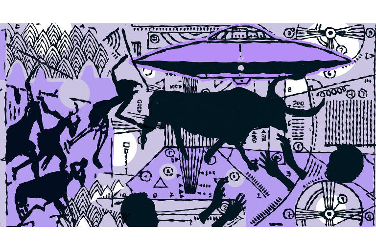 Ilustração mostra silhueta de touro ao centro. Acima dele, uma nave espacial, ao redor, desenhos como figuras humanas rupestres, mãos e cabeças humanas.