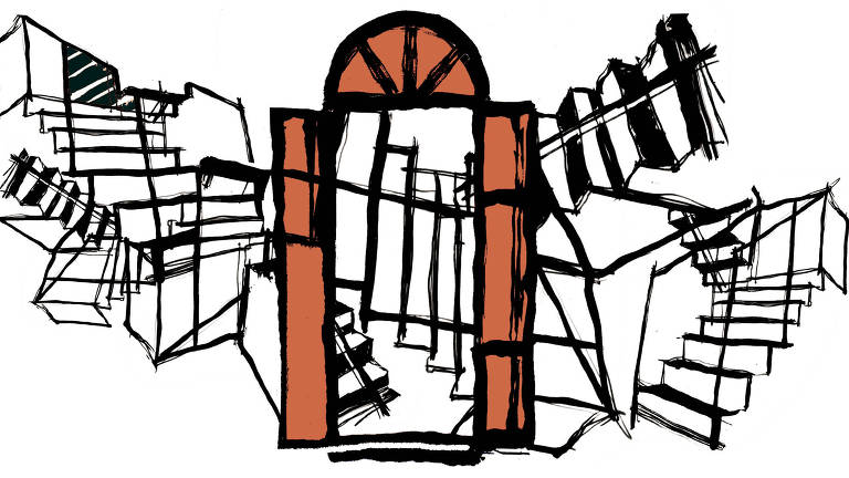 Ilustração representando uma porta aberta, atrás da qual se embaralham escadas que levam a várias direções