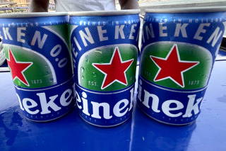 Cans of Heineken non-alcoholic beer are seen at a sampling event at Pier 17 in New York City's Seaport District