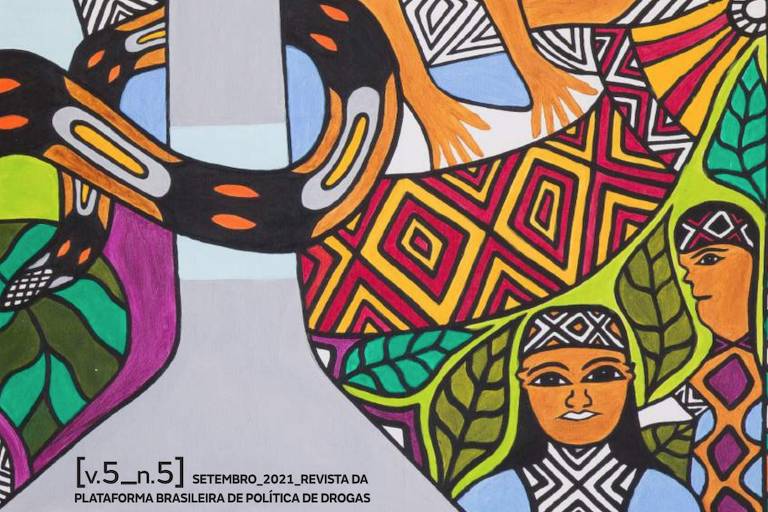 Desenho de arte indígena com traços coloridos  mostra cobra e figuras humanas