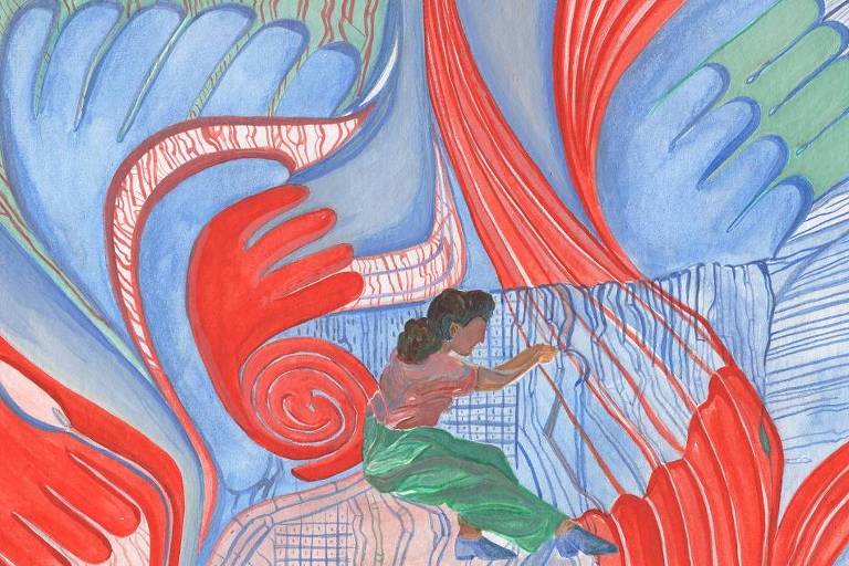 Arte ilustra uma mulher negra de cabelos presos, saia verde e blusa vermelha, operando um instrumento que remete a tecelagem, envolta por formas abstratas vermalhas e azuis, lembrando as paredes de um intestino.