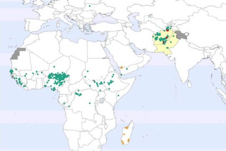 Ilustração mostra o mapa mundo. Há pontos em verdes em países do continente africano e no Paquistão e Afeganistão