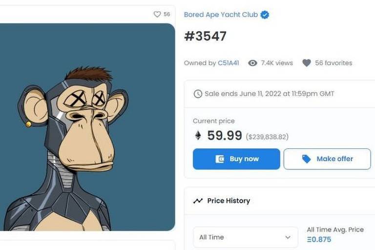 O Bored Ape número 3.547 foi recolocado à venda por US$ 250 mil