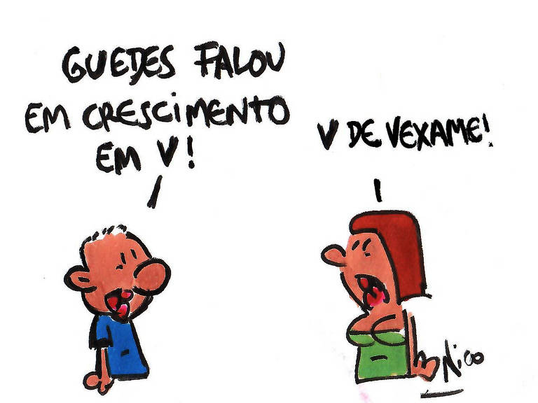 Desenho do cartunista Nico sobre explicação de Paulo Guedes para os índices de crescimento da economia do Brasil.Foto:Nico Cartunista