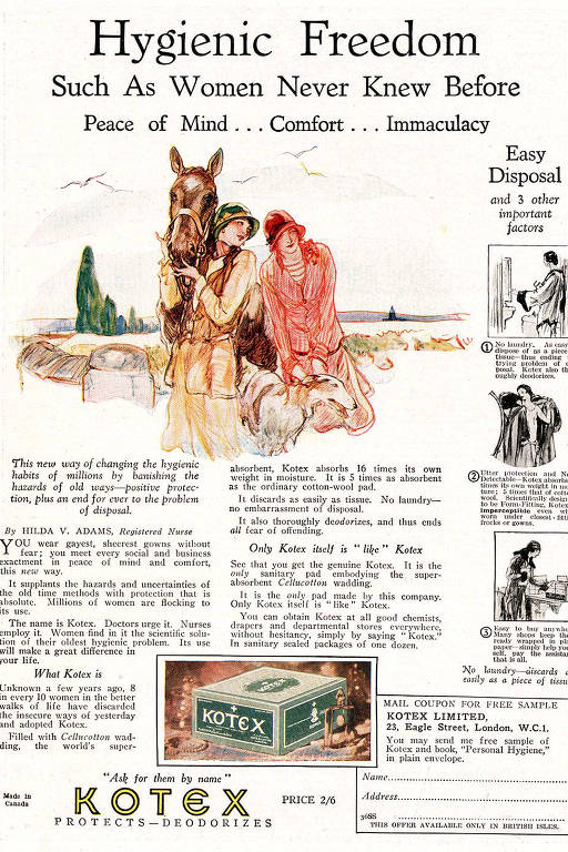 Anúncio de absorvente em publicação nos EUA no século passado