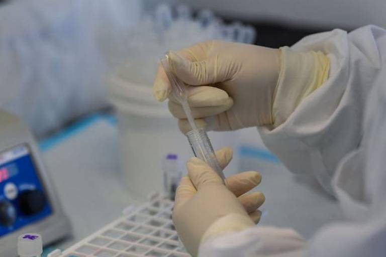 Imagem em close mostra as mãos de uma pessoa com luvas manuseando uma ampola dentro de um laboratório