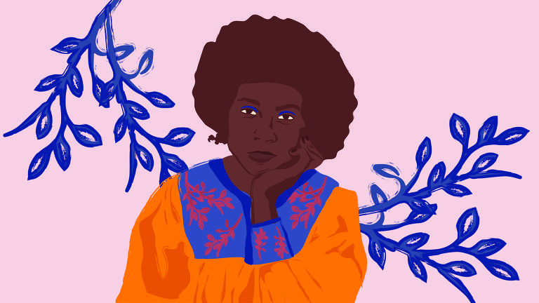 Ilustração representando bel hooks, uma mulher negra de cabelos grandes com o queixo apoiado no mão