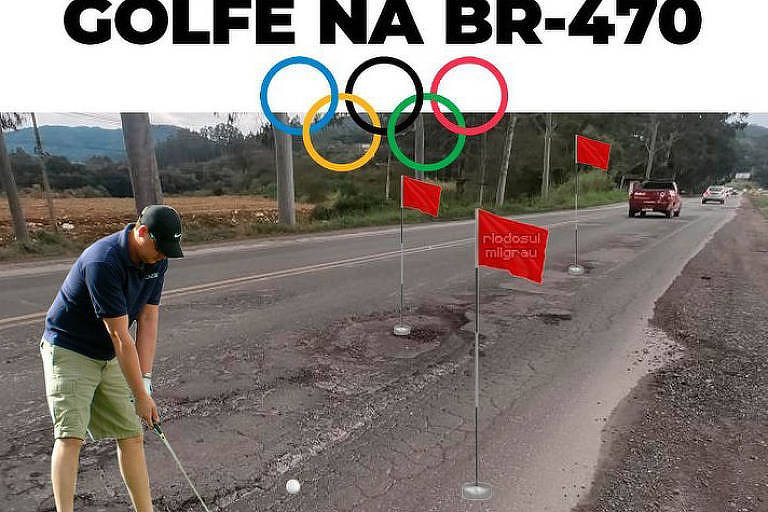 montagem de homem jogando golfe sobre pista ruim de asfalto