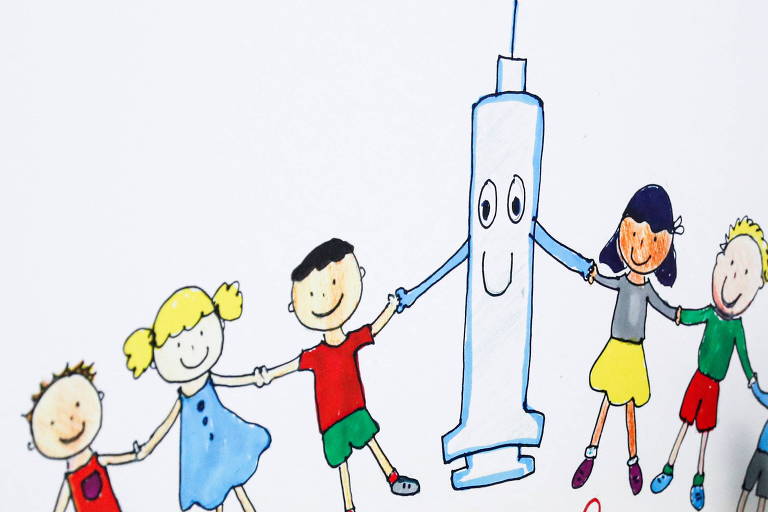 Desenho de crianças de mãos dadas com seringa de vacina
