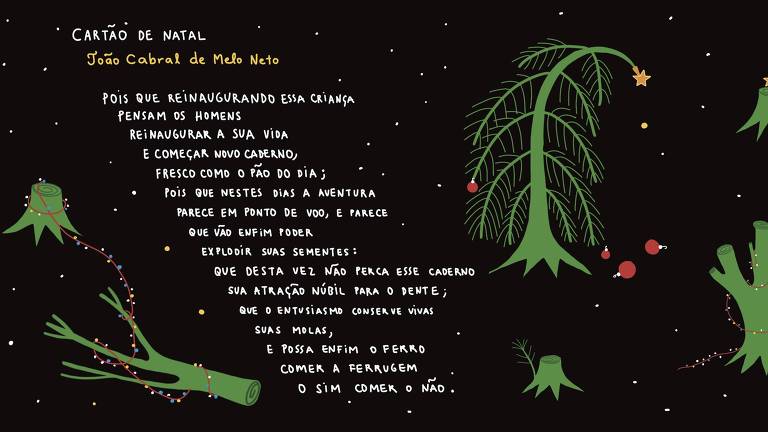 Ilustração representando árvores de natal tombadas e cortadas, ao lado da transcrição do poema "Cartão de Natal", de Mario Sergio Conti