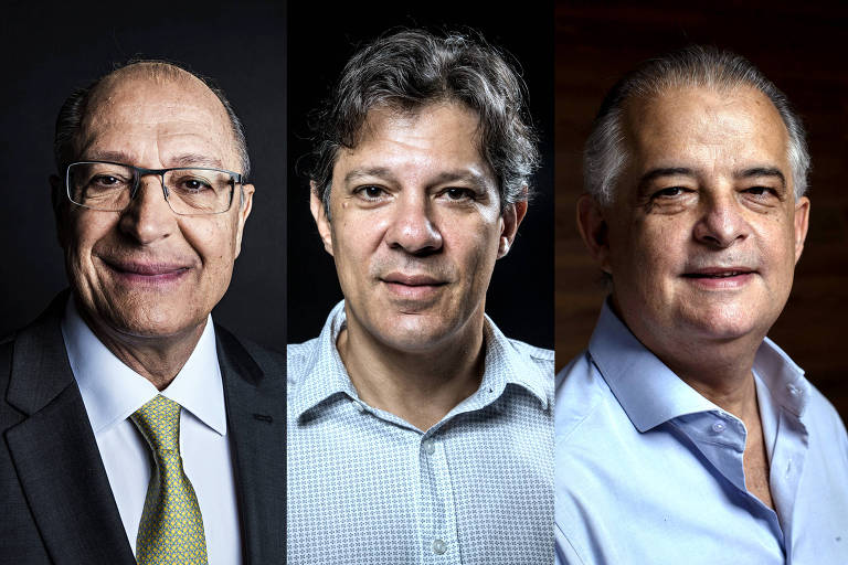 Esq. para dir., Geraldo Alckmin (sem partido), Fernando Haddad (PT) e Márcio França (PSB)