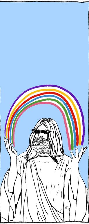 ilustração representando Jesus Cristo de óculos escuros soltando dos dedos um arco-íris