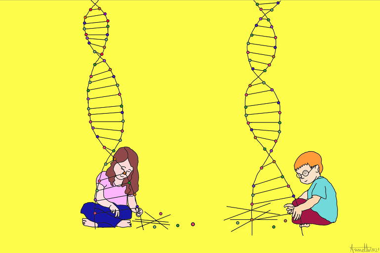 Ilustração de Annette Schwartsman para a coluna de Hélio Schwartsman desye domingo (19.dez) exibe uma menina, à esquerda, e um menino, à direita, sentados brincando com espirais que lembram códigos genéticos