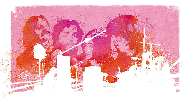 Ilustração de Adams Carvalho, em 19/12/2021, mostra em tons de rosa, pink e vermelho, os Beatles, com manchas brancas na frente