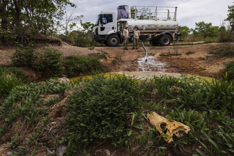 Dois homens estão de pé na frente de um caminhão do qual uma mangueira acoplada despeja água em uma vala no solo