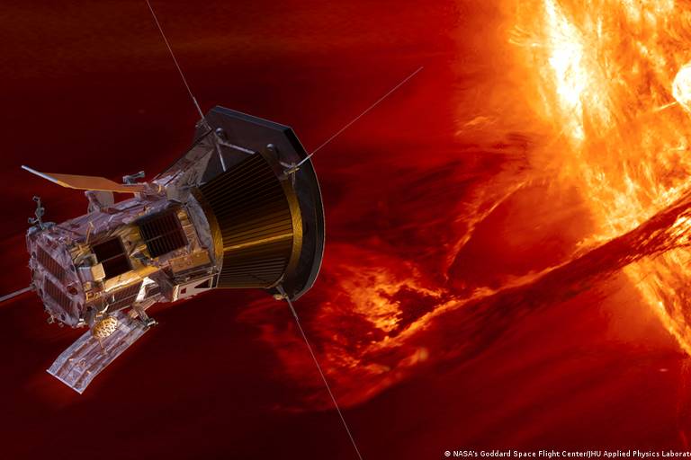 Ilustração mostra a sonda Parker se aproximando do Sol