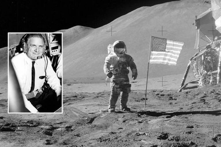 Imagem em preto e branco homem na lua com a bandeira dos EUA