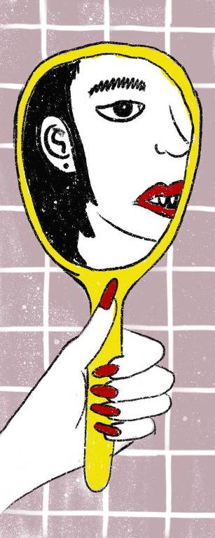 Ilustração representando um espelho em cujo reflexo pode-se ver o rosto de uma mulher