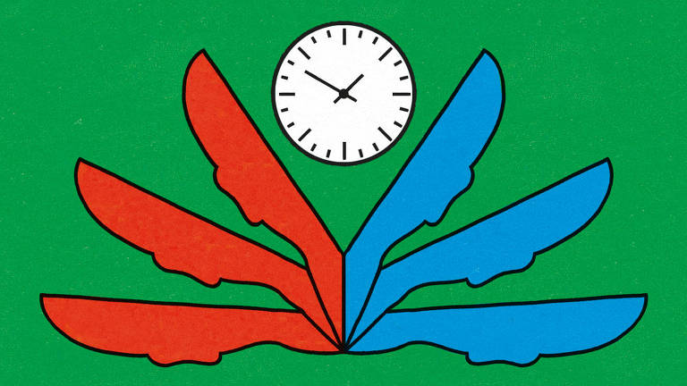 Ilustração representando um relógio sobre o semblante dividido de um rosto, sendo cada metade numa cor diferente