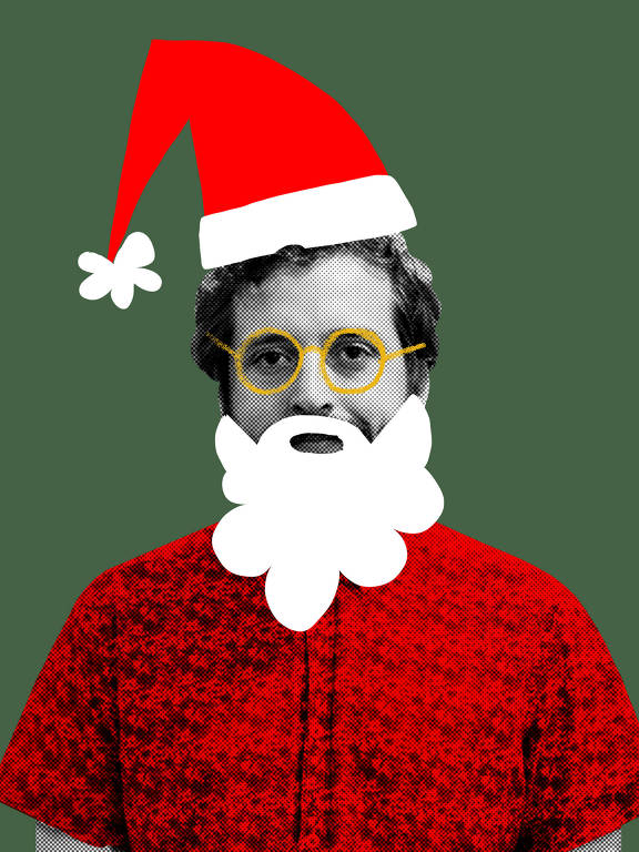 Ilustração de Catarina Bessel, em 22/12/2021, mostra um fundo verde escuro, com foto de Gregório Duvivier em preto e branco com textura granulada, da altura do peito para cima. Em cima da foto, a camisa está colorida de vermelho, ele tem um gorro de Papai Noel na cabeça, uma barba branca e óculos redondos na cor amarela
