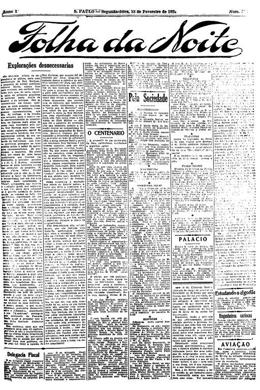 Primeira Página da Folha da Noite de 13 de fevereiro de 1922