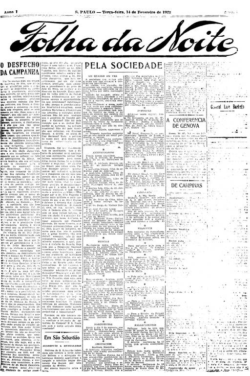 Primeira Página da Folha da Noite de 14 de fevereiro de 1922