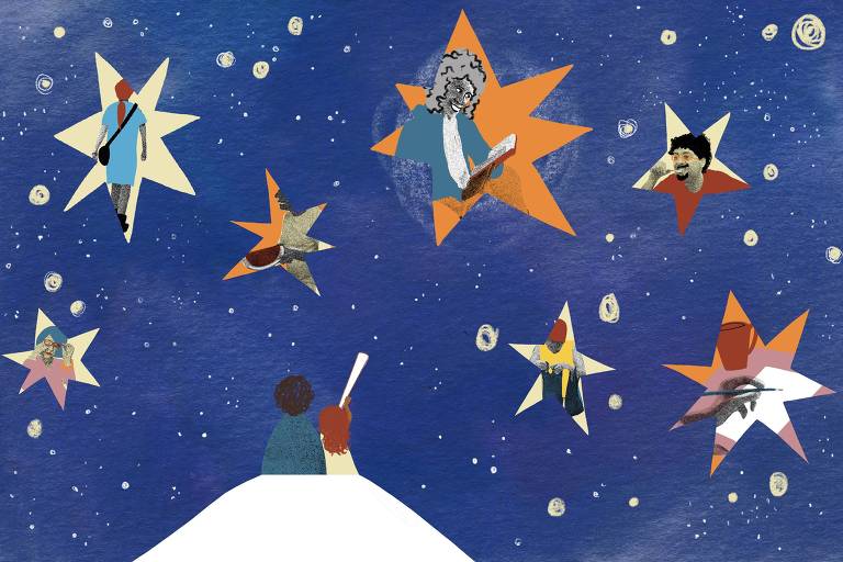 Ilustração de Luísa Amoroso, em 25/12/2021, mostra céu azul marinho cheio de estrelas grandes e pequenas. Na parte de baixo, no alto de um morro, estão sentados pai e filha, olhando o céu com um telescópio. Nas estrelas maiores, é possível ver pessoas, como na frase que frequentemente falamos para as crianças quando alguém morre, "virou uma estrelinha" 